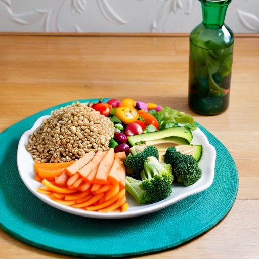 Цветная тарелка с сбалансированным питанием на фоне йога-коврика и бутылки с водой.