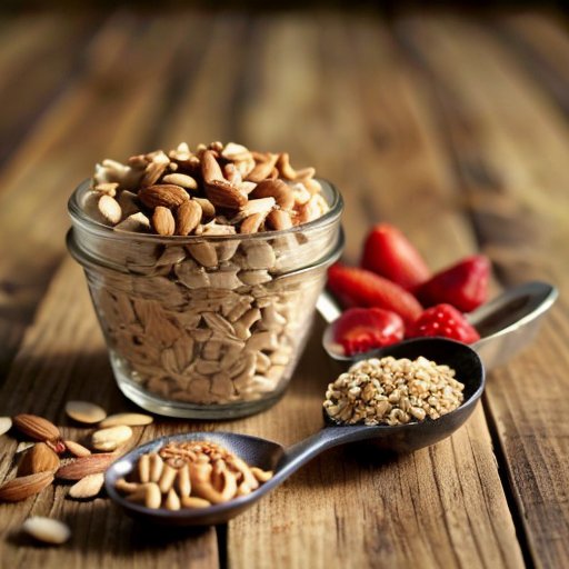 Банка арахисового масла с фруктами, орехами и цельными злаками на кухонном столе.