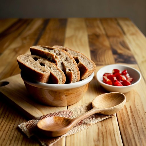 Ореховое масло с фруктами и хлебом на кухонном столе.