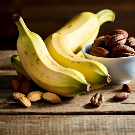 Свежий банан на деревянном столе с элементами спортивного питания и размытым фоном спортзала.