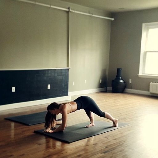 Спокойное пространство для тренировки барре с балетным поручнем, йога-матом и мягким светом.