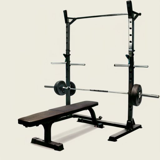 Минималистичный спортивный зал с штангой, силовой раме и скамьей для жима на фоне нейтральной стены, с диаграммой мышечных групп.