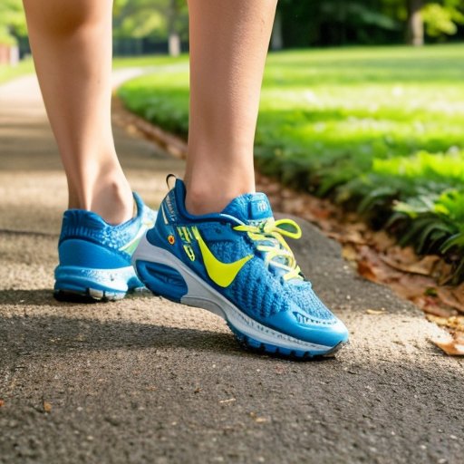 Спокойная беговая дорожка среди зелени с указателями дистанций и элементами для отслеживания прогресса.