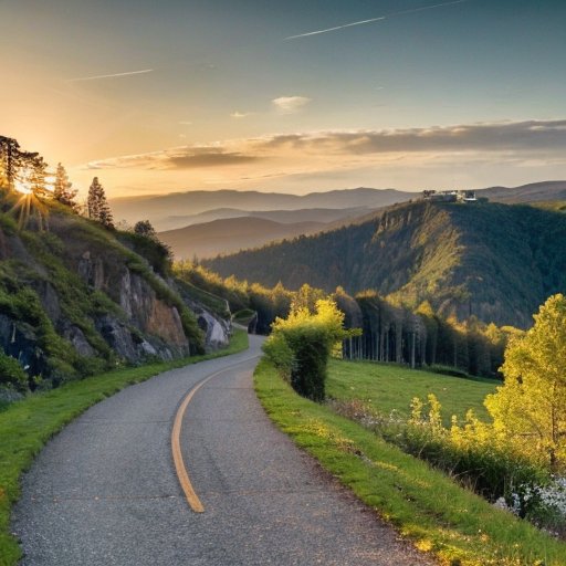 Живописная беговая дорожка среди зелени и холмов с символами здоровья.