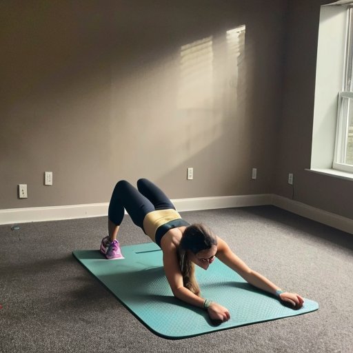 Уютное пространство для занятий спортом с ковриком, кроссовками, бутылкой воды и фитнес-трекером.