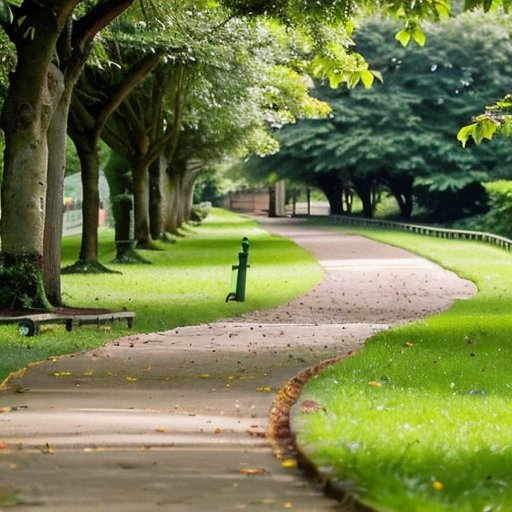 Спокойная дорожка в парке с зеленью и цветами, кроссовки и бутылка воды на скамейке.