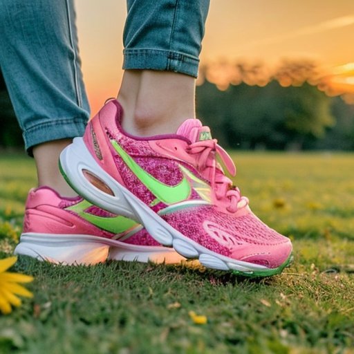 Спокойная дорожка в парке с яркими деревьями и цветами, кроссовки на траве, утренний рассвет.