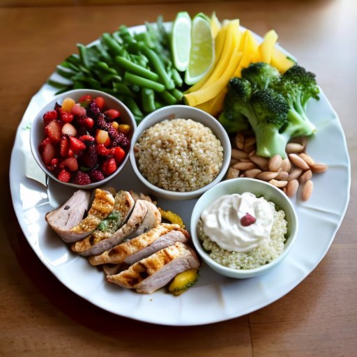 Стол с высокобелковыми продуктами: куриная грудка, киноа, йогурт с ягодами и брокколи, символизирующий планирование питания.