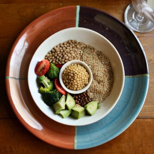 Яркая тарелка с разнообразными источниками белка: курица, брокколи, киноа, миндаль и чечевица на фоне деревянного стола.