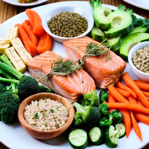 Деревянный стол с разнообразием белковых продуктов: курица, лосось, чечевица, тофу, яйца и молочные изделия, окружённые свежими овощами и зеленью.