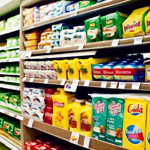 Яркий магазин с полками, полными цветных продуктов, включая альтернативы молочным и традиционные молочные изделия. Увеличительное стекло на этикетке, подчеркивающее важность чтения ингредиентов.