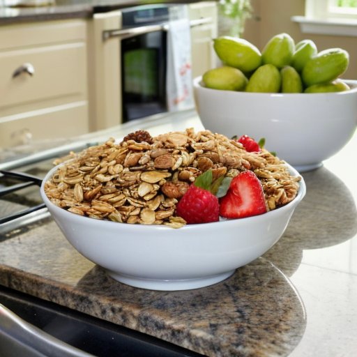 Кухонный стол с безлактозным молоком, гранолой и свежими фруктами, подчеркивающий здоровье и похудение.