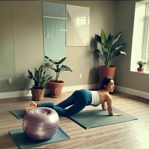 Спокойное пространство для пренатального благополучия с йога-матом, легкими гантелями и мячом для фитнеса, окруженное растениями и мягким светом.