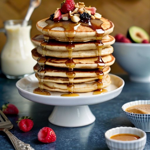 Стопка цветных блинов с ягодами, орехами и медом на светлом кухонном столе.