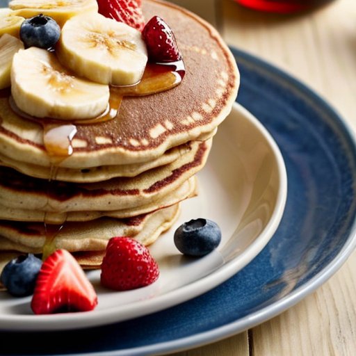 Стопка блинов с фруктами и йогуртом на фоне уютной кухни.