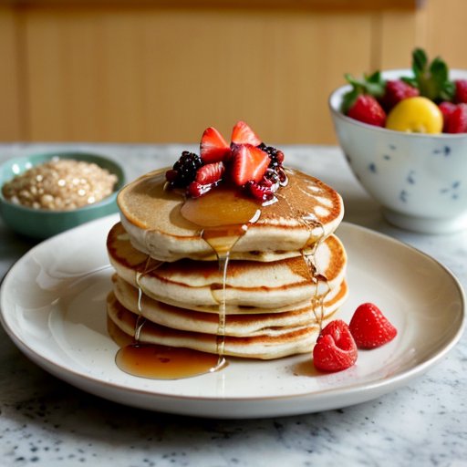 Здоровые блины с ягодами и медом на тарелке в современном кухонном интерьере.