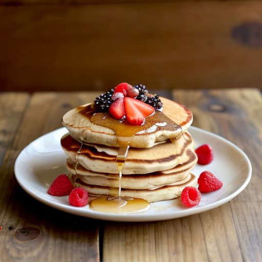 Стопка здоровых блинов из цельнозерновой муки с ягодами и медом на деревянном столе.