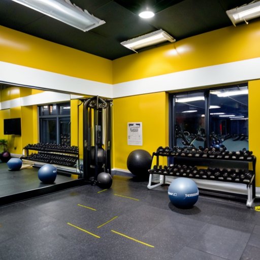 Современный зал для фитнеса с оборудованием, мотивационными цитатами и яркими цветами.