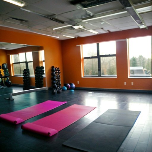 Современная фитнес-студия с оборудованием для тренировок, мотивационными цитатами и отражением в большом зеркале.