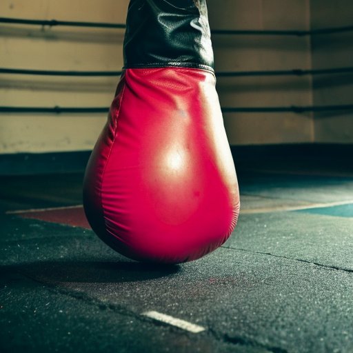 Перчатки для бокса на полу спортзала, рядом с мешком и скакалкой, с мотивационной цитатой о силе и стойкости на стене.