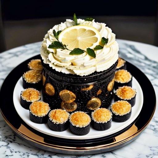 Роскошная подача черной икры на мраморной поверхности с лимоном и зеленью.