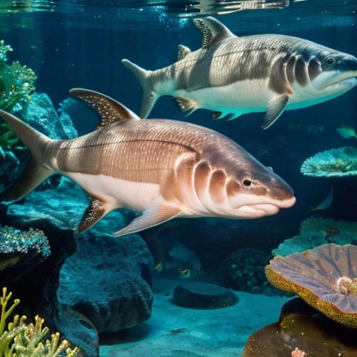 Спокойная подводная сцена с различными видами осетровых рыб, плавающих среди водных растений, с каменистым дном и мягкими течениями.