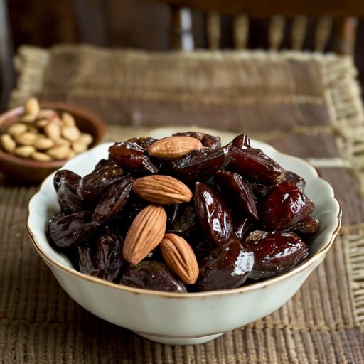 Деревянный стол с сушеными сливами и финиками, орехами и мятой, создающий уютную атмосферу.