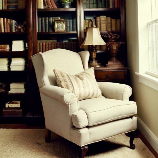 Уютный уголок для чтения с книгами, креслом и чашкой чая.