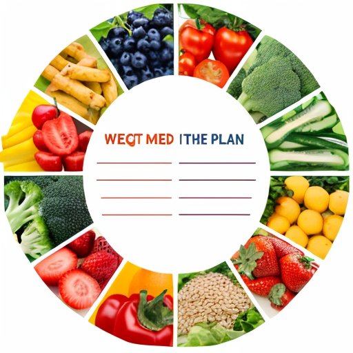 Сбалансированное питание: тарелка с овощами, белками, цельными злаками и фруктами, весы и блокнот для планирования.