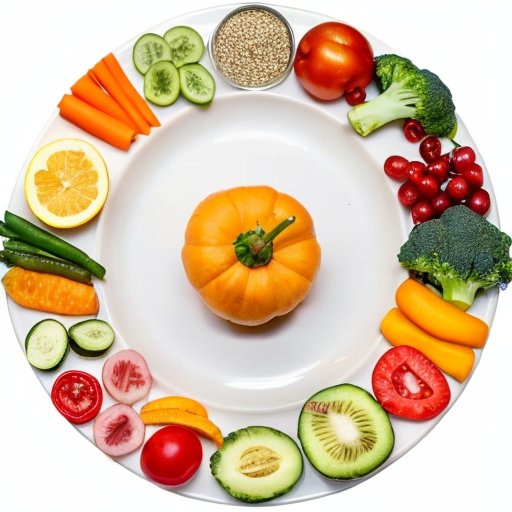 Сбалансированное питание: тарелка с продуктами, весы и блокнот для подсчета калорий.