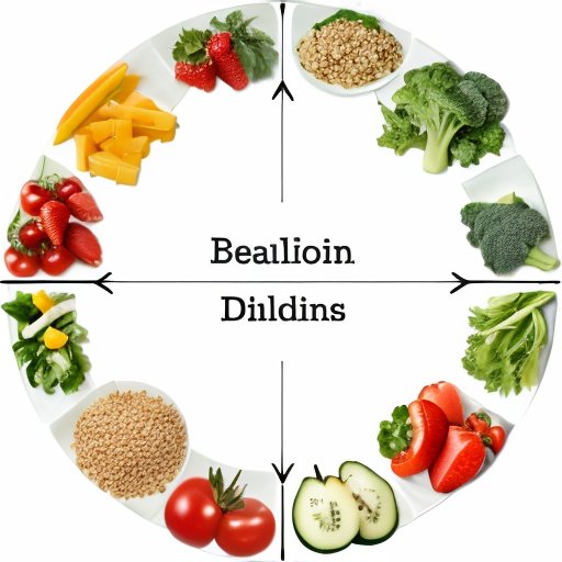 Здоровая тарелка с белками, овощами, цельными злаками и фруктами, окруженная measuring tape и графиком потери веса.