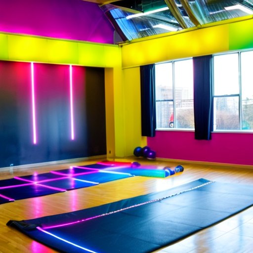 Яркая танцевальная студия с цветными матами, зеркальной стеной и фитнес-оборудованием.