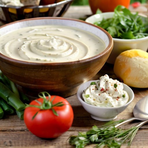 Деревянный стол с традиционными блюдами и деревенской сметаной.