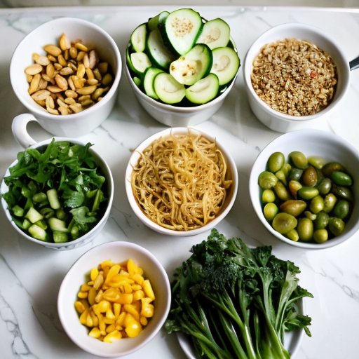 Упорядоченный кухонный стол с полезными продуктами: овощи, яйца, курица, вода, чай, кофе и блокнот для планирования питания.