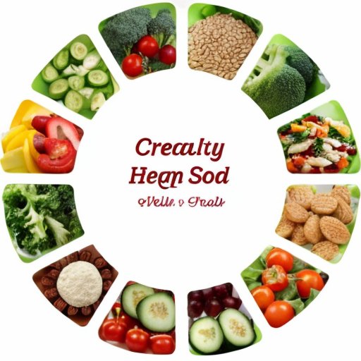 Сбалансированное питание: тарелка с овощами и злаками, суп в фоне, часы с временем приема пищи.