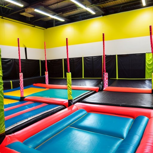 Яркий парк батутов с разноцветными батутами, безопасными сетками и мягкими зонами.
