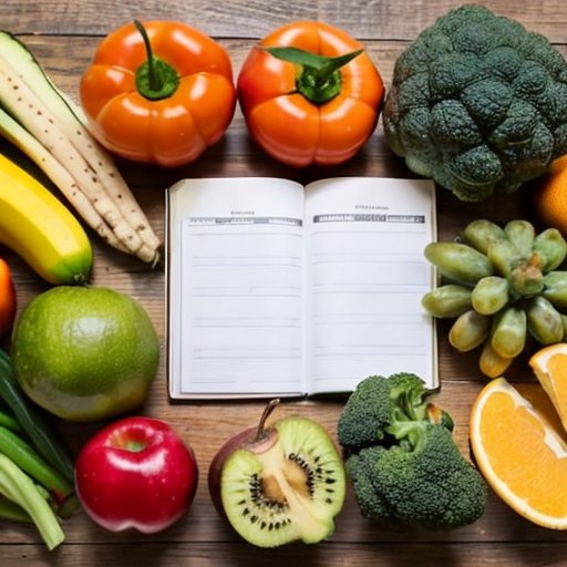 Здоровая еда на столе с планом похудения и аксессуарами.