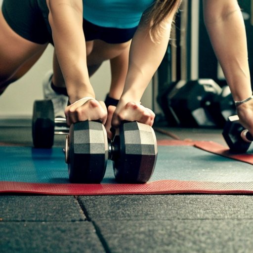 Спортивная обстановка с матом, бутылкой, секундомером и гантелями, на стене схема отжиманий.