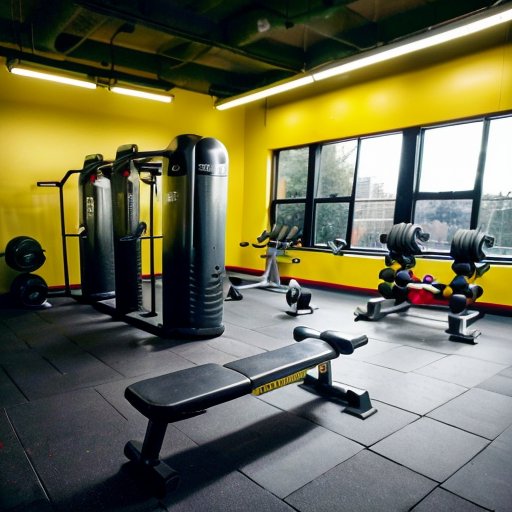 Организованный тренажерный зал для силовых тренировок с оборудованием и мотивационными постерами.