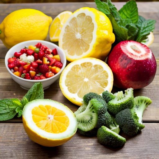 Здоровая еда на деревянном столе: яркие фрукты, овощи, цельные злаки и нежирные белки, стакан воды с лимоном и мятой, йога-мат в фоне.