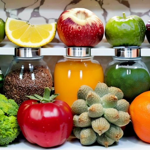 Организованная кухня с полезными продуктами и мотивационной цитатой о здоровом образе жизни.