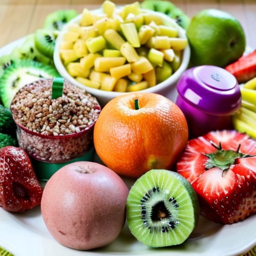 Яркая тарелка с фруктами, овощами, белками и цельными злаками, в фоне бутылка воды и гантели.