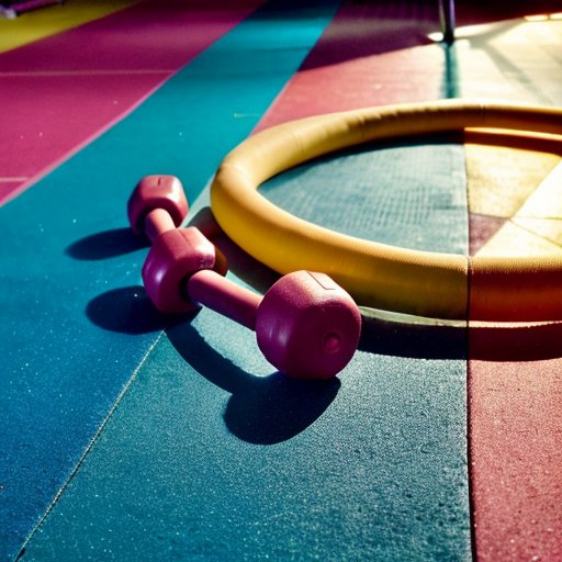 Яркий хула-хуп на деревянном полу спортзала среди фитнес-оборудования.