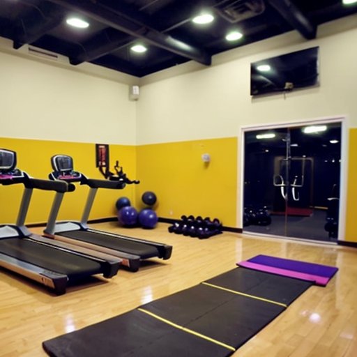 Организованное пространство тренажерного зала с оборудованием, зеркалом и мотивационными цитатами.