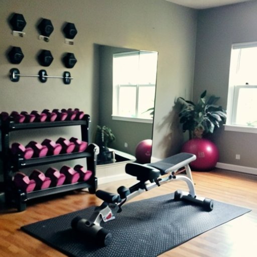 Организованный домашний спортзал с гантелями, бутылкой воды, фитнес-журналом, зеркалом, плакатами и растением.