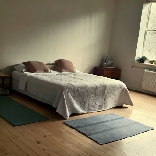 Спокойная спальня с йога-матом, мягким светом и часами 20:00.