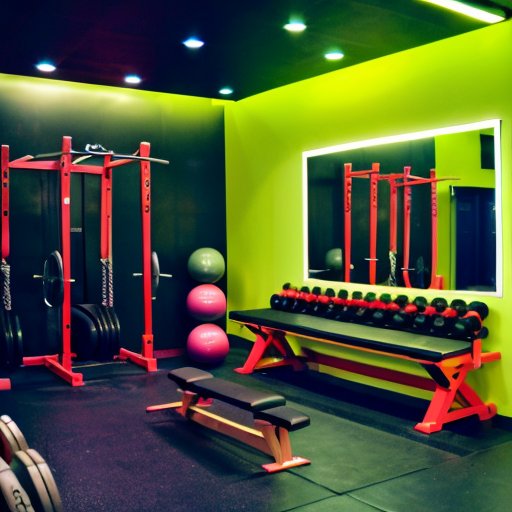 Современный тренажерный зал с оборудованием для силовых тренировок, яркими мотивационными постерами и зоной для разминки.