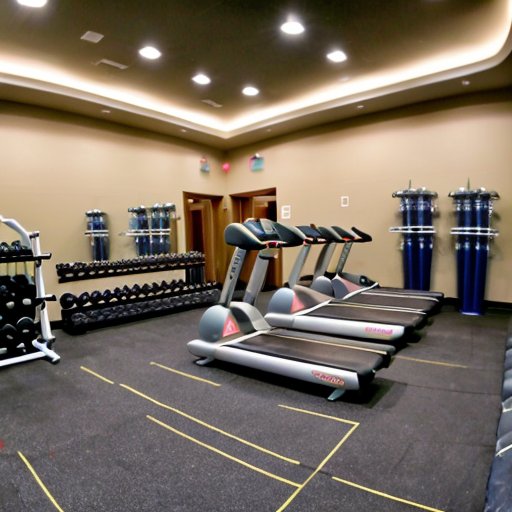 Организованный спортзал с оборудованием, станцией для приготовления пищи и планом тренировок.