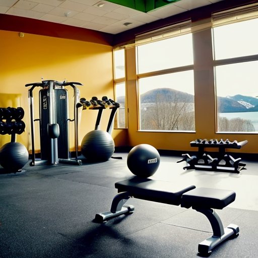 Организованное пространство для фитнеса с зоной для приготовления здоровой пищи и оборудованием для силовых тренировок.