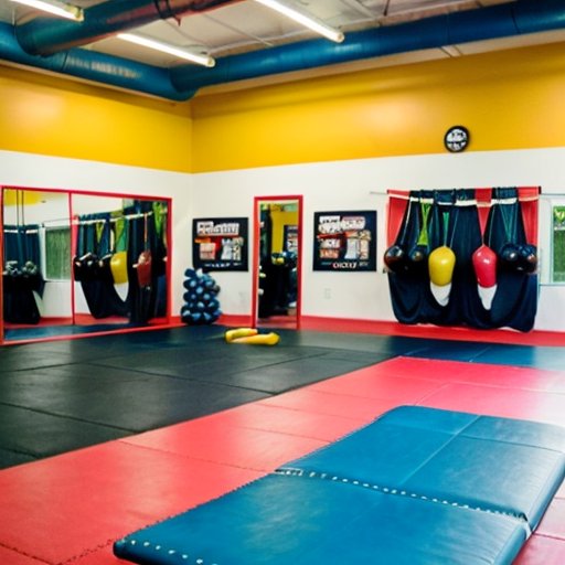 Яркая фитнес-студия с открытым пространством, цветными матами и оборудованием для боевых искусств.